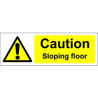 Image of Caution sloping floor safety sign Self adhesive sticker 150mm x 50mm