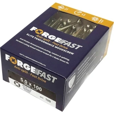 Image of ForgeFast Elite Fast Start Woodscrews 5.0 x 100mm Zinc Yellow Box 100