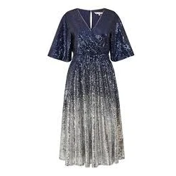 Image of Yumi Womens Navy and Silver Ombre Sequin Midi Wrap Dress Size 10 UK