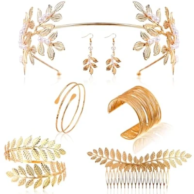Image of Uoeo 6 Pieces Goddess Costume Accessories Set Leaf Headband Gold Bangle Bracelet Armband Greek Roman Laurel Branch Headpiece Romantic Grecian