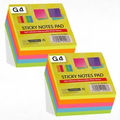 Image of G4GADGET 800pcs Sticky Notes 75x75mm 2 Cube (10 Pads of 80 Sheets), 5 Vibrant Colours Self Stick for Office, Home &amp; School Strong Adhesive, Easy to Write, Removable Reusable
