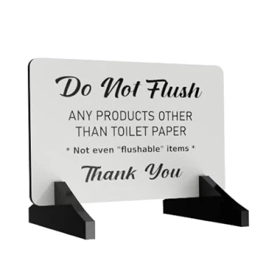 Image of do not flush Septic Tank stylish bathroom sign. Informs wipes and sanitary towels. Freestanding White Supplied with Acrylic Feet