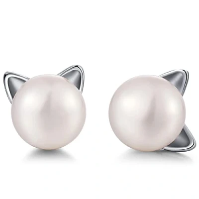 Image of jiamiaoi 925 Sterling Silver Cat Pearl Earrings 7.5 8mm Freshwater Stud for Women Cute Hypoallergenic