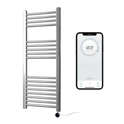 Image of Greened House Chrome Electric Smart WiFi Controlled Heated Towel Rail 400mm W x 1000mm H Flat 7 Day Programmable Timer App Compatibility