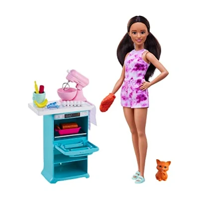 Image of Barbie doll &amp; Kitchen Playset with ( 10.5 in Brunette, Petite), Oven, Spinning Mixer, Pet Kitten Baking Accessories, Gift for 3 to 7 Year Olds