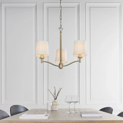 Image of Ortona 3 Light Multi Arm Pendant Matt Antique Brass, Vintage White Faux Silk, E14