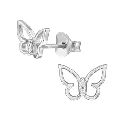 Image of The Rose &amp; Silver Company Women Girls 925 Sterling Rhodium Plated Butterfly Cubic Zirconia Stud Earrings