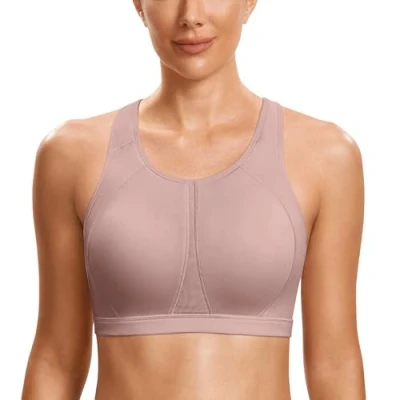 Image of SYROKAN Women&#039;s Sports Bra for Large Breasts High Impact Full Coverage Padded Wireless Running Halter Neck Brick 34D
