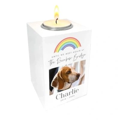 Image of Personalised &quot;Until We Meet Again&quot; Pet Photo Memorial White Tea Light Holder Custom &amp; Message Sympathy Gift for Loss W7cm x D7cm H10cm