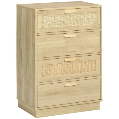 Image of HOMCOM Bedroom Chest of Drawers, Boho Rattan Dresser with 4 Storage Cabinet for Living Room, Hallway, Entryway, Natural Wood Finish