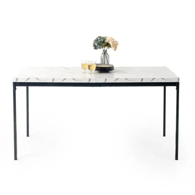 Image of FurnitureR Dining Table, Kitchen Table in Marble Pattern, Metal Frame Rectangular with Adjustable Feet for Room Living Room, 150x75x75cm, White Desktop &amp; Black Legs