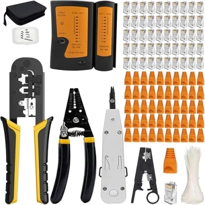 Image of MAYLINE RJ45/RJ12/Cat5/Cat6 Crimp Network Tool Kit Crimper Stripper 50pcs Connetors Covers Ethernet Cable Tester Cutter Set, Punch Down Crimping Set(Black)