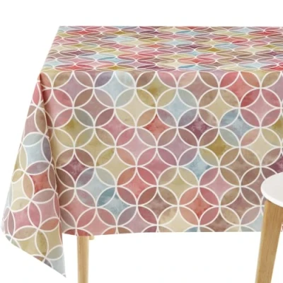 Image of KP HOME Waterproof PVC Wipe Clean Table Cloth Rectangular 78x55in 200x140cm Seamless Geometric Circles Vinyl Tablecloth Rectangle Dinning Plastic Cover in Multicolour Purple Red