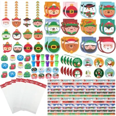 Image of KAHEIGN 192Pcs Christmas School Stationery Set, 24Pcs Notebooks Pencils Erasers Sharpeners Stamps Round Stickers Shaped Goodie Bags Games Reward Party Favors