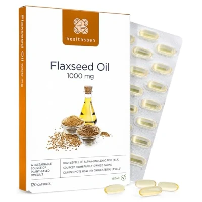 Image of Healthspan Flaxseed Oil 1,000mg 120 Capsules Omega 3 Fatty Acid ALA Maintain Healthy Blood Cholesterol Levels Women&#039;s Health Vegan