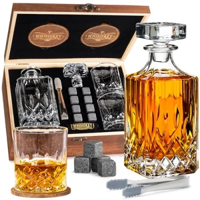 Image of WHISISKEY Whiskey Decanter Set 700ML Classic Carafe Gift Sets for Men Whisky Glass Gifts Inc. 2 Glasses, 8 Stones, Accessories