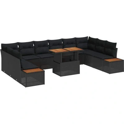 Image of vidaXL 11 Piece Garden Dining Set with Cushions Black Poly Rattan Acacia