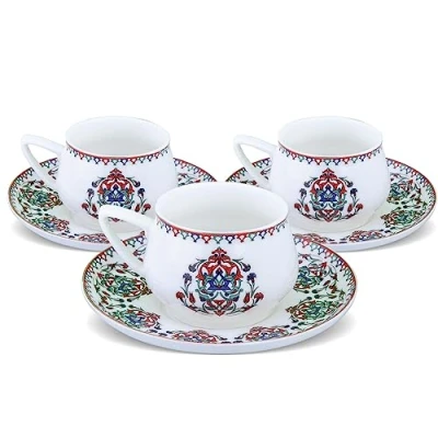 Image of Karaca Nakkas Coffee Cup Set of 6, 6 Porcelain Coffee, Espresso Cups with Saucers, Embroideries Design Blue, Red, Green Tones, Ideal for Serving Latte, Tea, Espresso, and Cappuccino