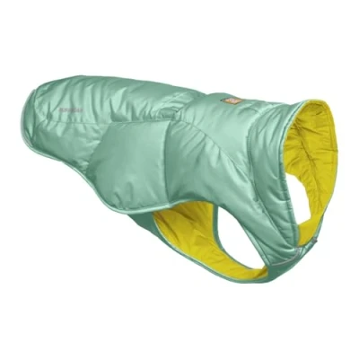Image of RUFFWEAR Quinzee XX Small Dog Rain Jacket, Insulated All Weather Coat, Water Resistant Lightweight Vest Overcoat &amp; Stuff Sack Carry Bag, Size XXS, River Rock Green