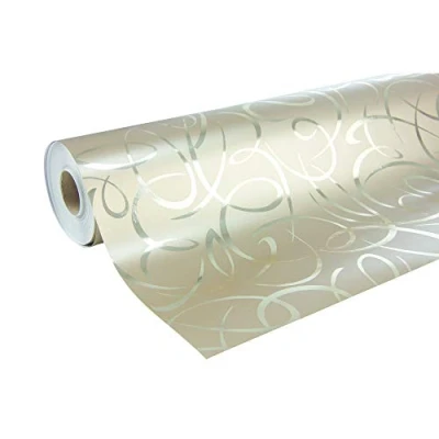 Image of Clairefontaine Ref 211892C Premium Long Roll Wrapping Paper (Single Roll) 70cm Width x 50m Length, 80gsm Laminated Gold &amp; Silver Swirls Design