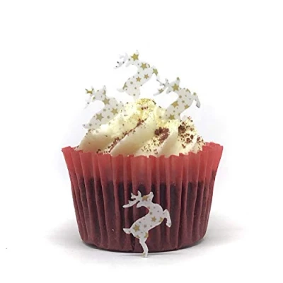 Image of 50 Precut Edible Wafer Paper Gold Star Patterned Mini Christmas Reindeer Cake Toppers Perfect for Cupcakes or Table Decorations