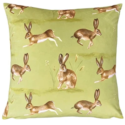 Image of Evans Lichfield Country Running Hares Hand Painted Printed Cushion Cover Green One Size