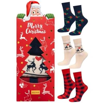 Image of soxo Christmas Ladies Socks Cotton Xmas Gifts Funny Women Presents Funky Gift Box 2.5 6.5 Red 3 Pairs