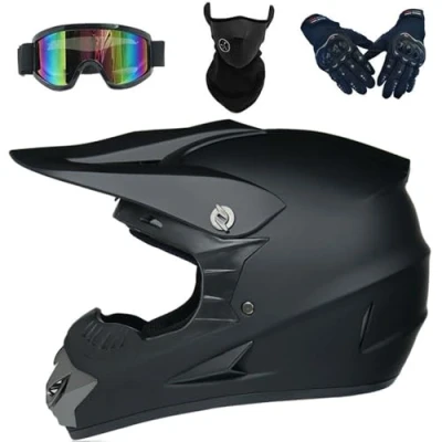 Image of Dirt Bike Motocross Helmets with Goggles Gloves Face Mask, 4PCS Set, Men Women Full Motorcycle Helmet Mountain Off Road Helmets, DOT Approved ATV Helmet(Dark black,XL (58 59cm))