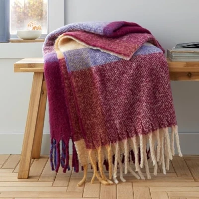 Image of Catherine Lansfield Faux Mohair Check 130x170 cm Blanket Throw Plum