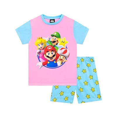Image of SUPER MARIO Girls Gaming Pyjamas Short Sleeve Nightwear for Kids Pink and Blue 8 9 Years