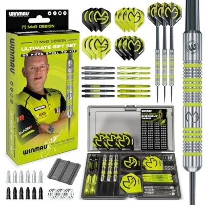 Image of WINMAU Michael van Gerwen MvG Steeltip Gift Set 50 Piece Darts with 4 sets of Shafts, Flights plus Accessories