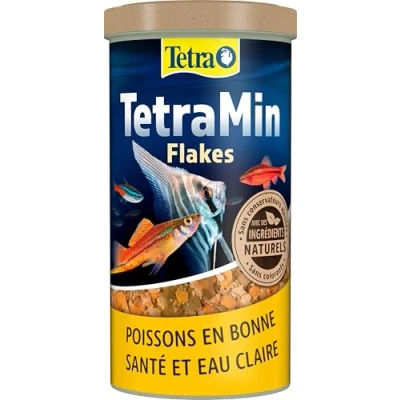 Image of TetraMin Flakes fish food in flake form for larger ornamental fish, balanced mixture healthy and clear water, 1L Can