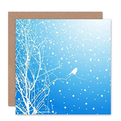 Image of Wee BLUE Coo SNOW WINTER BIRD TREE BLANK GREETINGS BIRTHDAY CARD ART