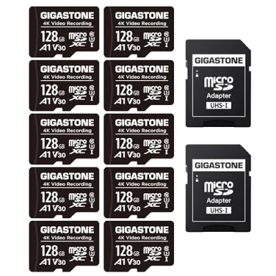 Image of Gigastone 128GB 10 Pack Micro SD Card, 4K Video Pro, GoPro, Surveillance, Security Camera, Action Drone, 85MB/s MicoSDXC Memory Card UHS I Class 10, with Adapter