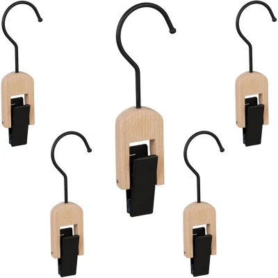 Image of Relaxdays Laundry Hooks, Set of 30, Metal &amp; Wood, Hanging Clamp Rubberised Clips, Clip Hook, Black/Natural