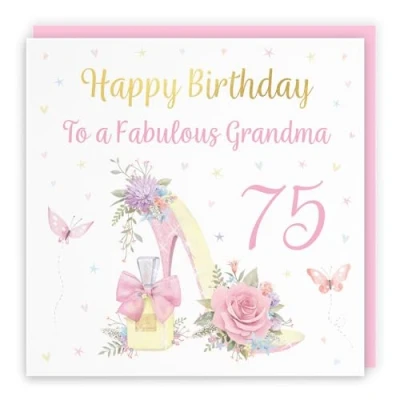 Image of Hunts England 75th Grandma High Heel And Perfume Birthday Card Luxury Gold Foil Milo&#039;s Gallery Age 75 Butterflies, Flowers, Hearts Pretty For Seventy Five