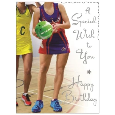 Image of Female Birthday Card for Her General Women/Girls Sporty Netball Design Special Finishes and Illustrated Insert Leaf Made in the UK