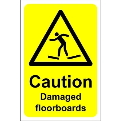 Image of Caution damaged floor boards Safety sign Self adhesive sticker 300mm x 200mm