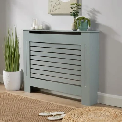 Image of Home Source Radiator Cover Wooden Wall Cabinet Shelf Slatted Grill, Grey, Medium