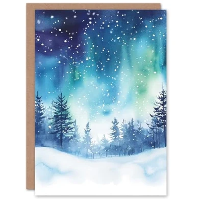 Image of Artery8 Aurora Borealis Magical Snowy Winter Blank For Him Or Her Art Xmas Festive Christmas Card