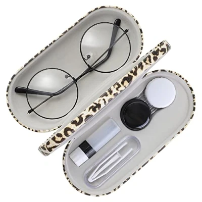 Image of MoKo Double Eyeglass Case, 2 in 1 Sided Portable Glasses Case Contact Lens with Mirror Eye Carrying Bag Anti Scratch Protective Sunglasses Pouch for Men &amp; Women, Leopard