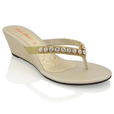Image of New Womens Low Heel Wedge Diamante Sandals Ladies Toe Post Sparkly Slip ON Shoes Gold