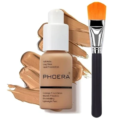 Image of Glamza PHOERA Foundation Concealer Makeup Full Coverage Matte Brighten Long Lasting UK + Professional Flat Face Brush (105 SAND)