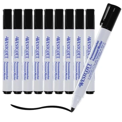 Image of Westcott Permanent marker 10 pieces Black Value pack waterproof pens 1.5 3.0 mm bullet tip lightfast, quick drying, smudge proof E 713005 00