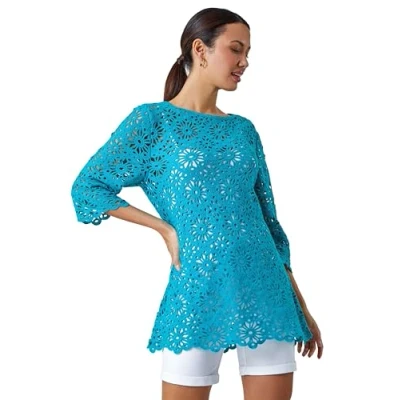 Image of Roman Cotton Crochet Tunic for Women UK Ladies Lace Top Blouse Crinkle Embroidered Eyelet Broderie Anglaise Spring Summer Beach Holiday Cool Loose Jumper Cover Up Turquoise Size 14