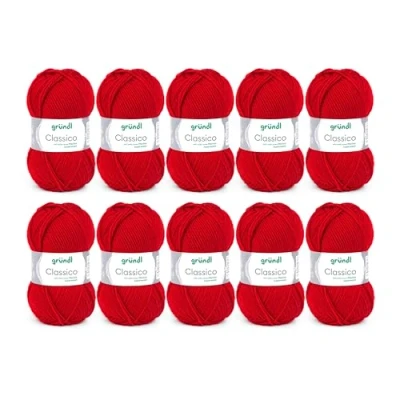 Image of Gründl Classico Wolle (Oeko TEX® Certified Knitting/Crochet Yarn Made of 50% Pure New Wool (Merino Superwash) &amp; polyacrylic, 50 g/120 m, Needle Size: 3.5 4.5, 10 Balls á g), Red