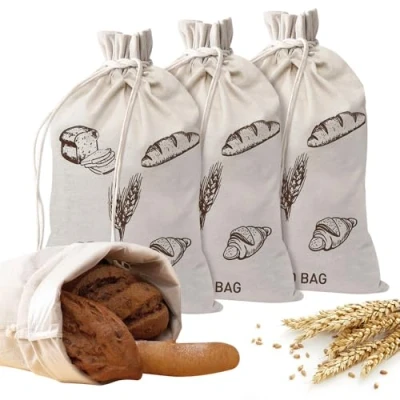 Image of YBCCBY 4 Pack Linen Bread Bags, Plastic Lined Drawstring Storage Bag, Reusable Bags for Homemade Bread/Keep Fresh Sourdough and Rolls