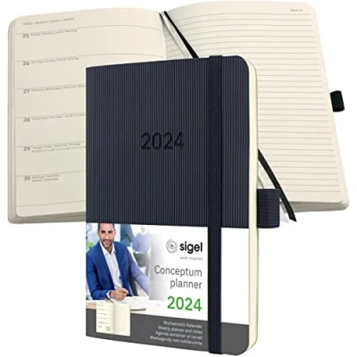 Image of SIGEL C2425 Conceptum Weekly planner and notes 2024, approx. A6, Black, softcover, 2 pages equal to week on left/notes right, 176