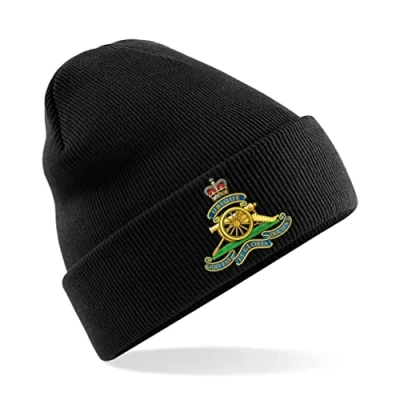 Image of PSave Royal Artillery Insignia Mens Premium Embroidered Beanie Hat, Bob Hat British Army Military (Black)