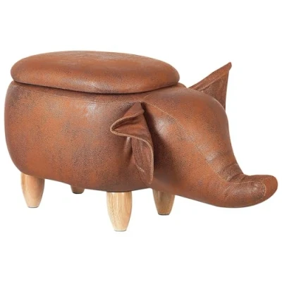 Image of Modern Faux Leather Stool Distressed Upholstery Storage Solid Wood Brown Elephant